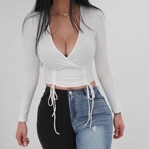White Double Ruched Long Sleeve Top Front strings.